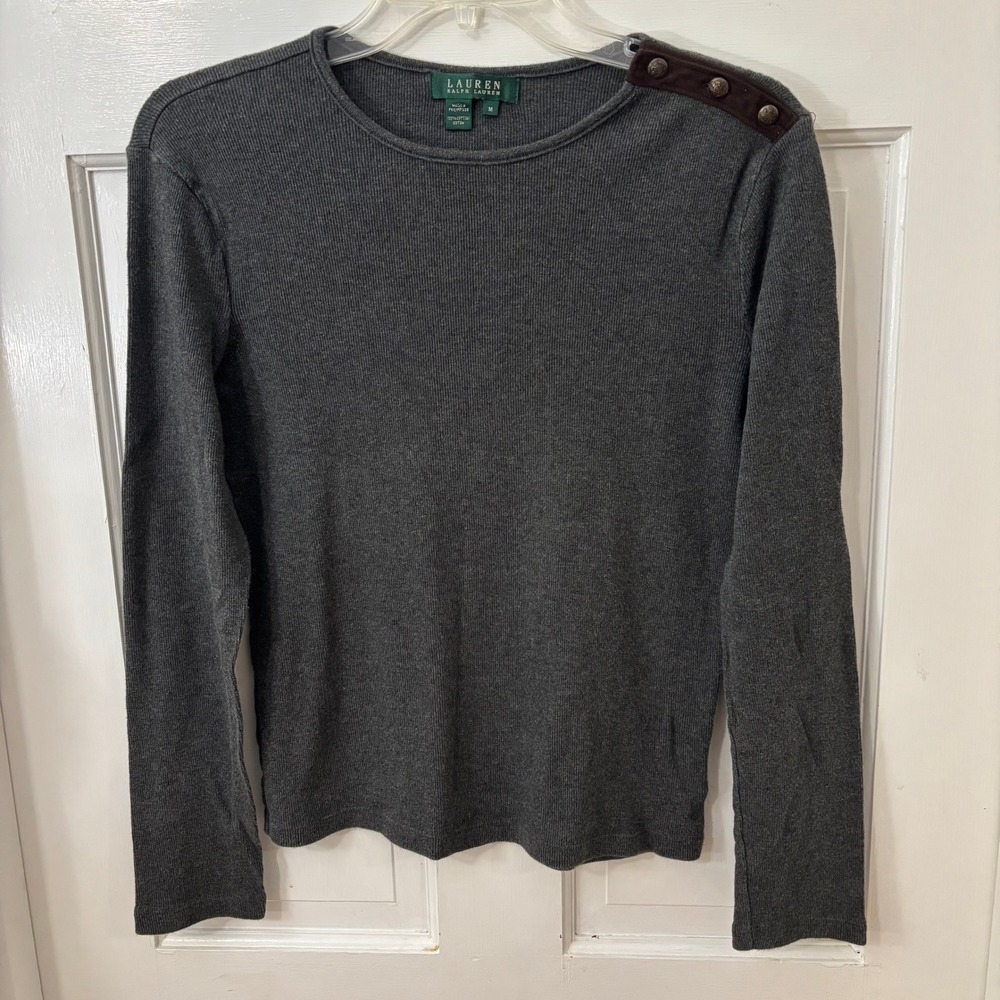 Lauren Ralph Lauren M Gray Ribbed Top Faux‎ Suede Accent Dark Academia Old Money